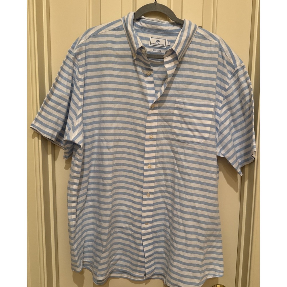 Southern Tide Shirt Mens XL Blue Whtie Stripe Linen Blend Classic Button-Down